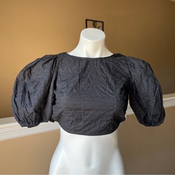 NEW ZARA EMBROIDERED EYELET CROP TOP BLACK | 7521/008 - Picture 3 of 10